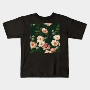 Vintage Ivory Pink flowers on Dark Green Background Kids T-Shirt